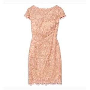 Tadashi Shoji Dress Sz 14 Pink Peach Lace Sheath Cocktail Party Romantic Elegant
